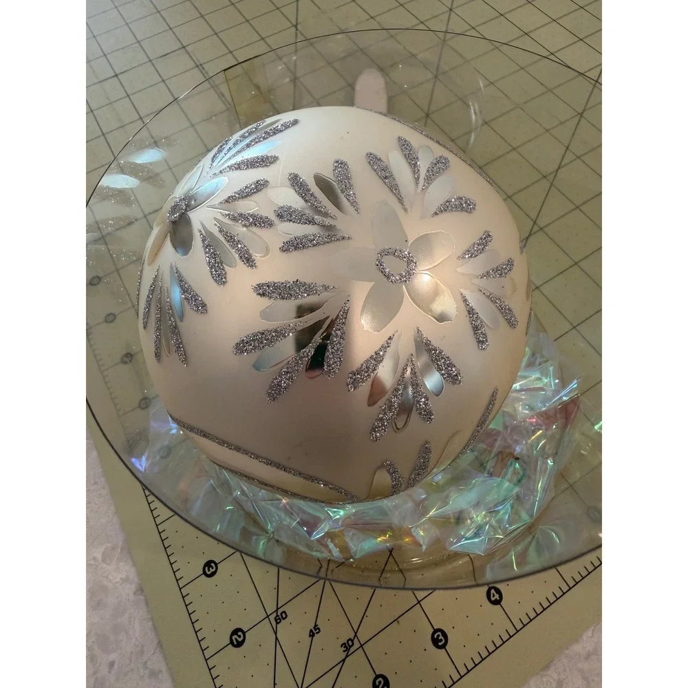 Fine European Glass Christmas Ornament Silver Glitter Floral Cream 4 Inch Bauble